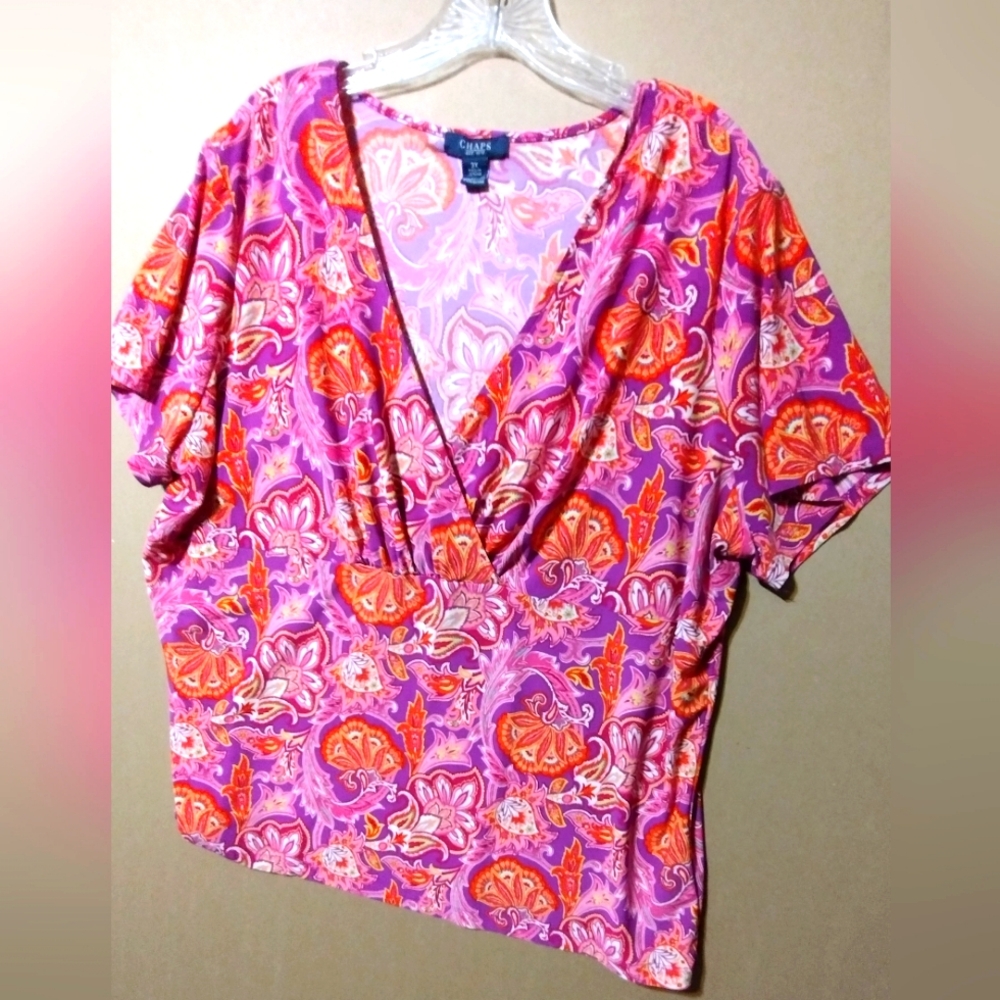 Chaps Pink and Orange Ruched Short Sleeve Blouse